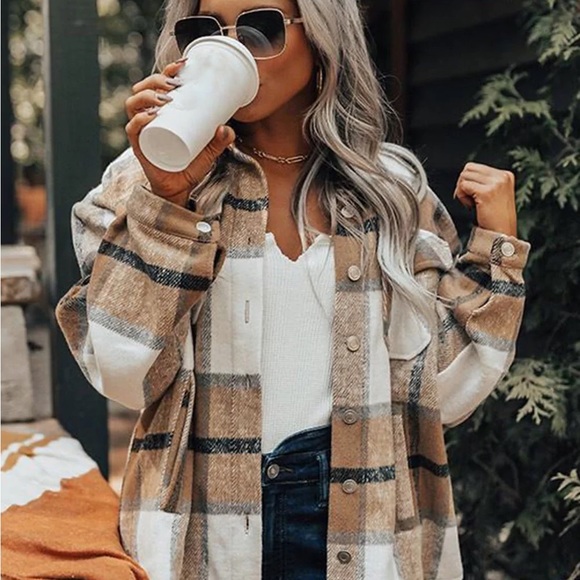 Button up plaids tan cozy flannel tunic oversized tops
